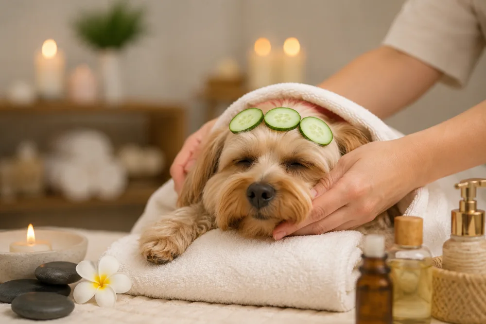 Paw Solutions Now pet spa service helping a dog relax during a pampering treatment