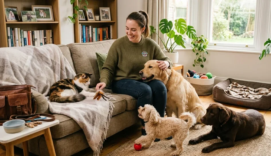 Dallas pet sitting checklist with dog food, leash, and care notes