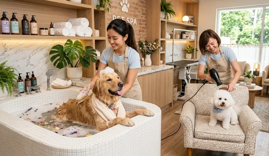 Relaxed dog enjoying a pet spa day in Dallas Fort Worth