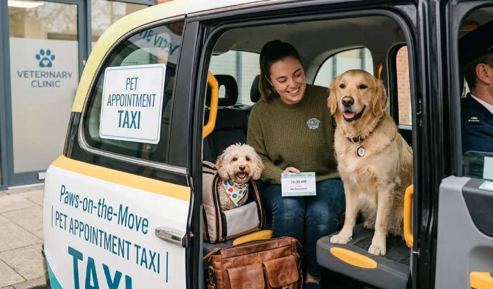 Dog riding safely to a vet appointment with a Dallas pet taxi service